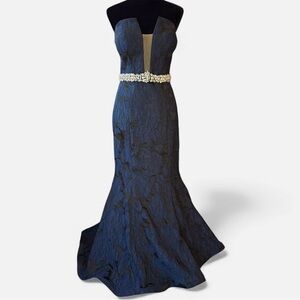 Jovani Strapless Fit N Flare Blue And Black Floral Mermaid Evening Dress